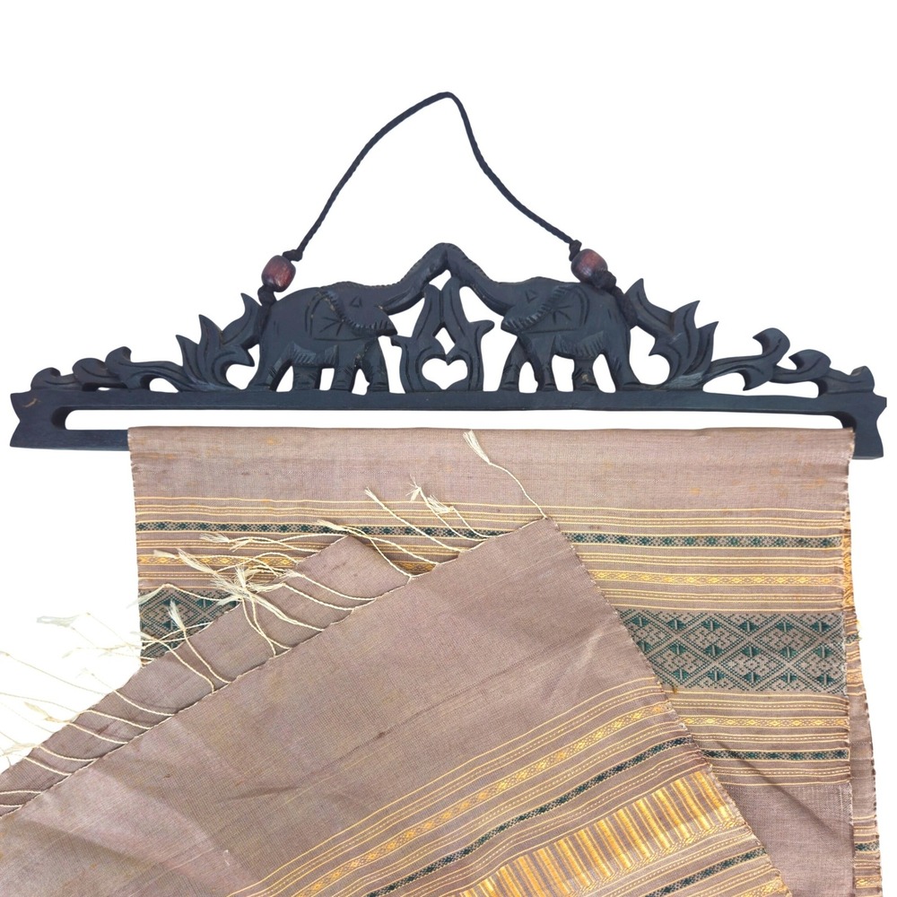 Vtg Hand Carved Wood Elephant Textile Hanger Brown w Thai Gold Brown Woven Silk